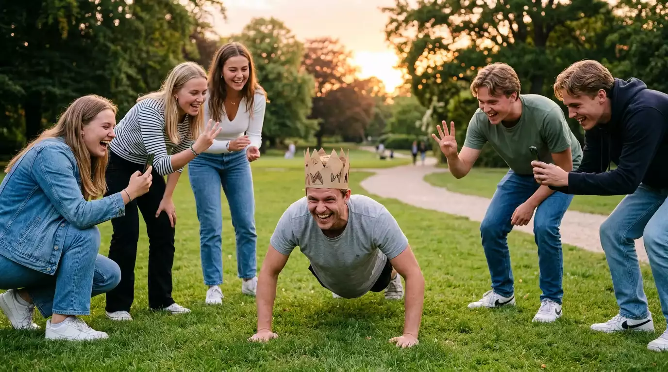 Gruppe venner der reagerer mens en person udfører en sjov straf efter et tabt væddemål